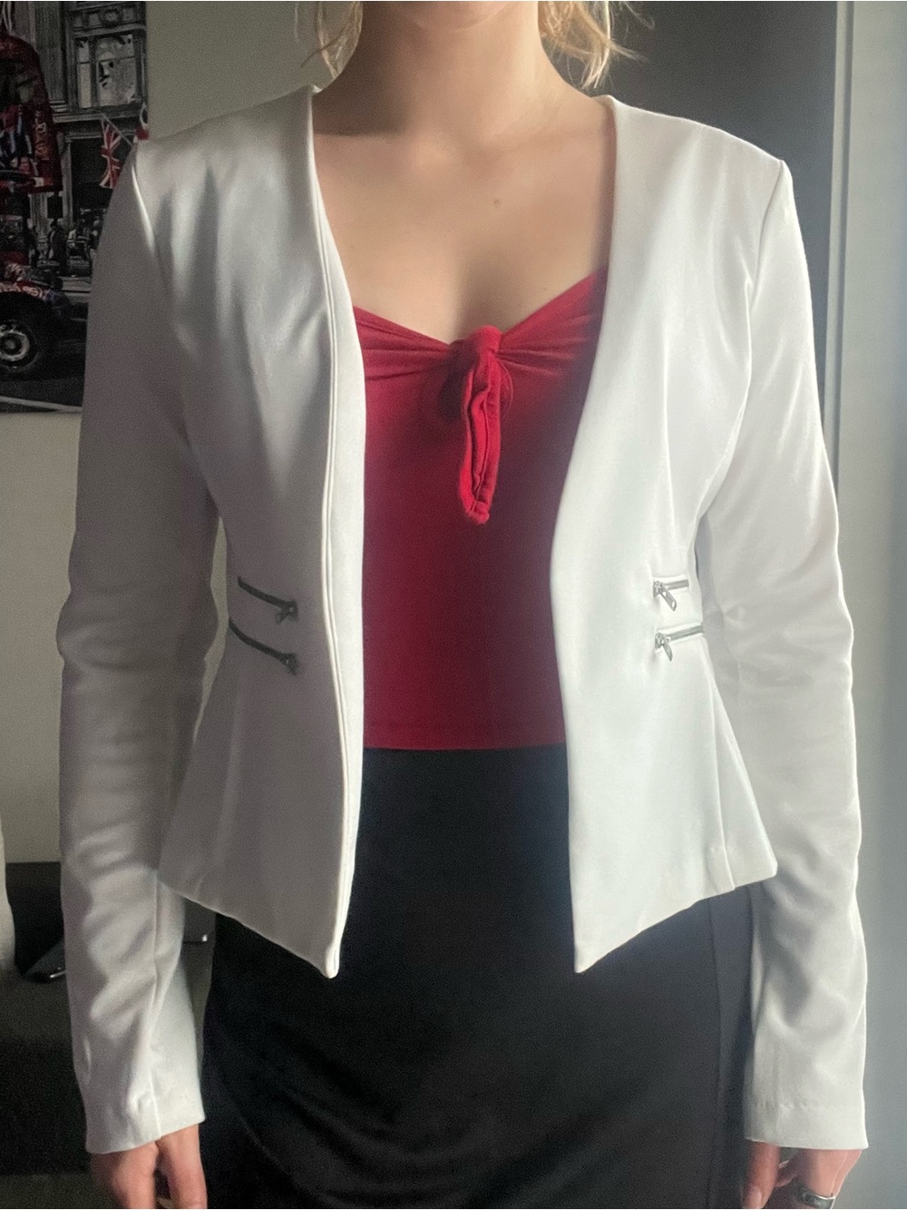 Women's White Open-Front Blazer with Zip Accent
